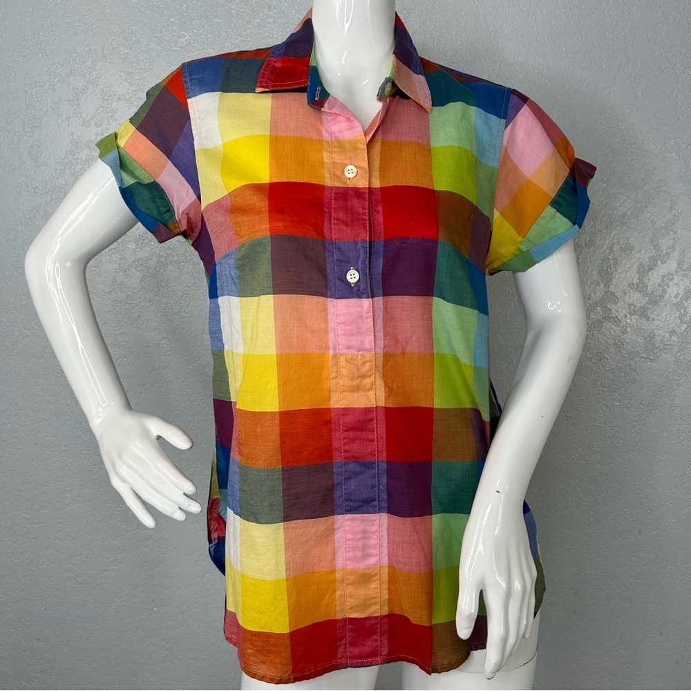J Crew Rainbow Plaid Popover Lightweight Cotton Short Sleeve Top Size XS